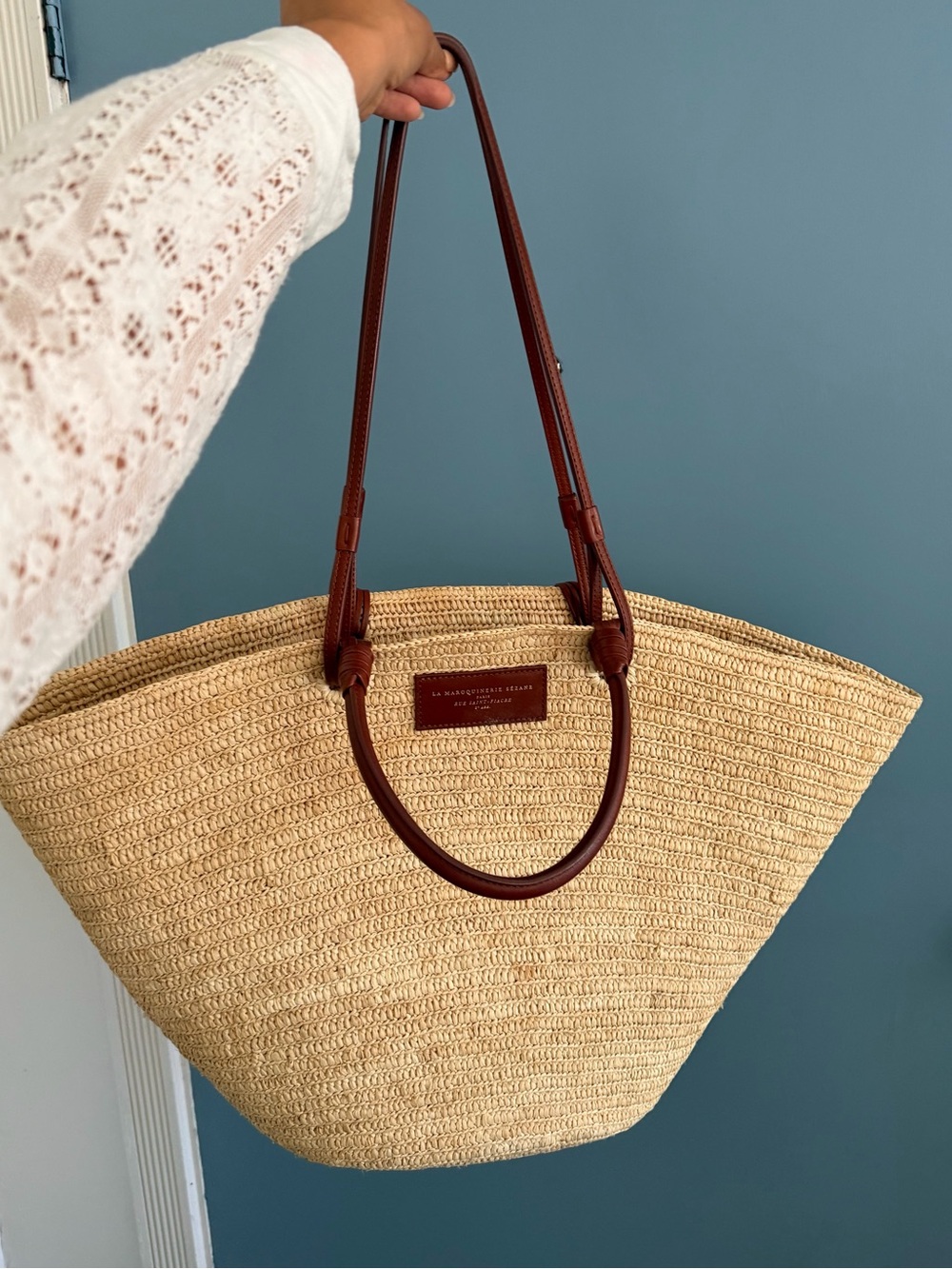 Maxi Sezane Tan Straw Tote with Brown Leather Handles - Picture 2 of 3